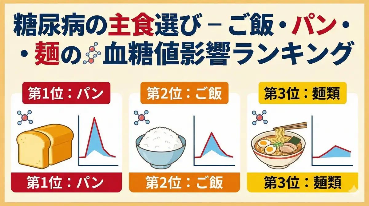 糖尿病の主食選び – ご飯・パン・麺の血糖値影響ランキング