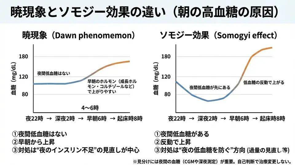 朝の血糖値が高いのはなぜ？暁現象・ソモジー効果の違いと対策